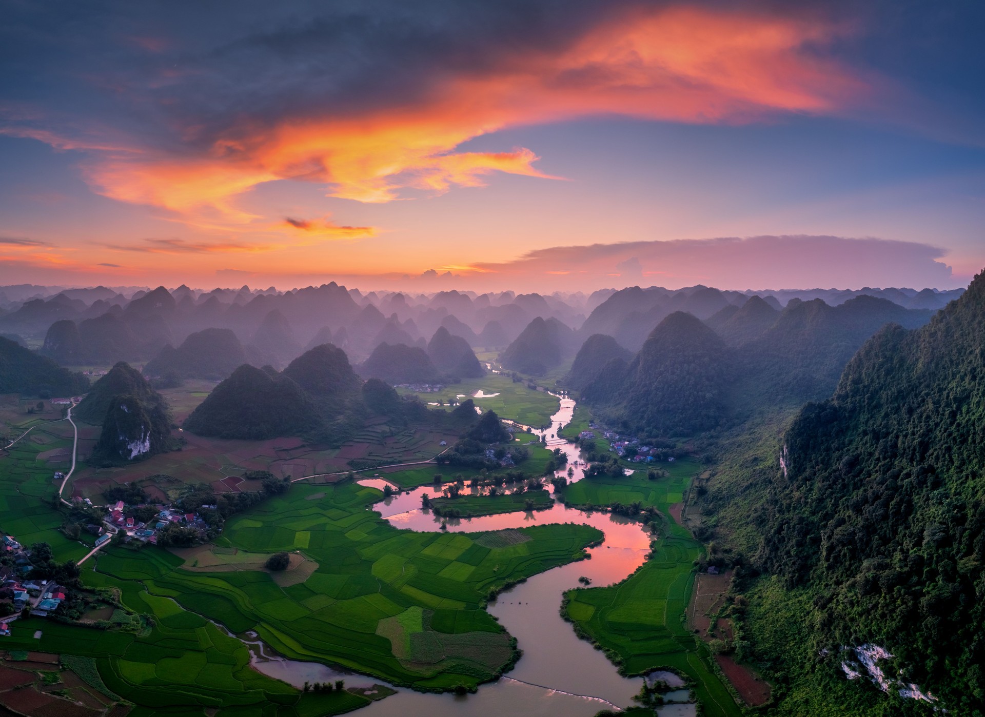 Aerial landscape of Phong Nam valley, Cao Bang, Vietnam