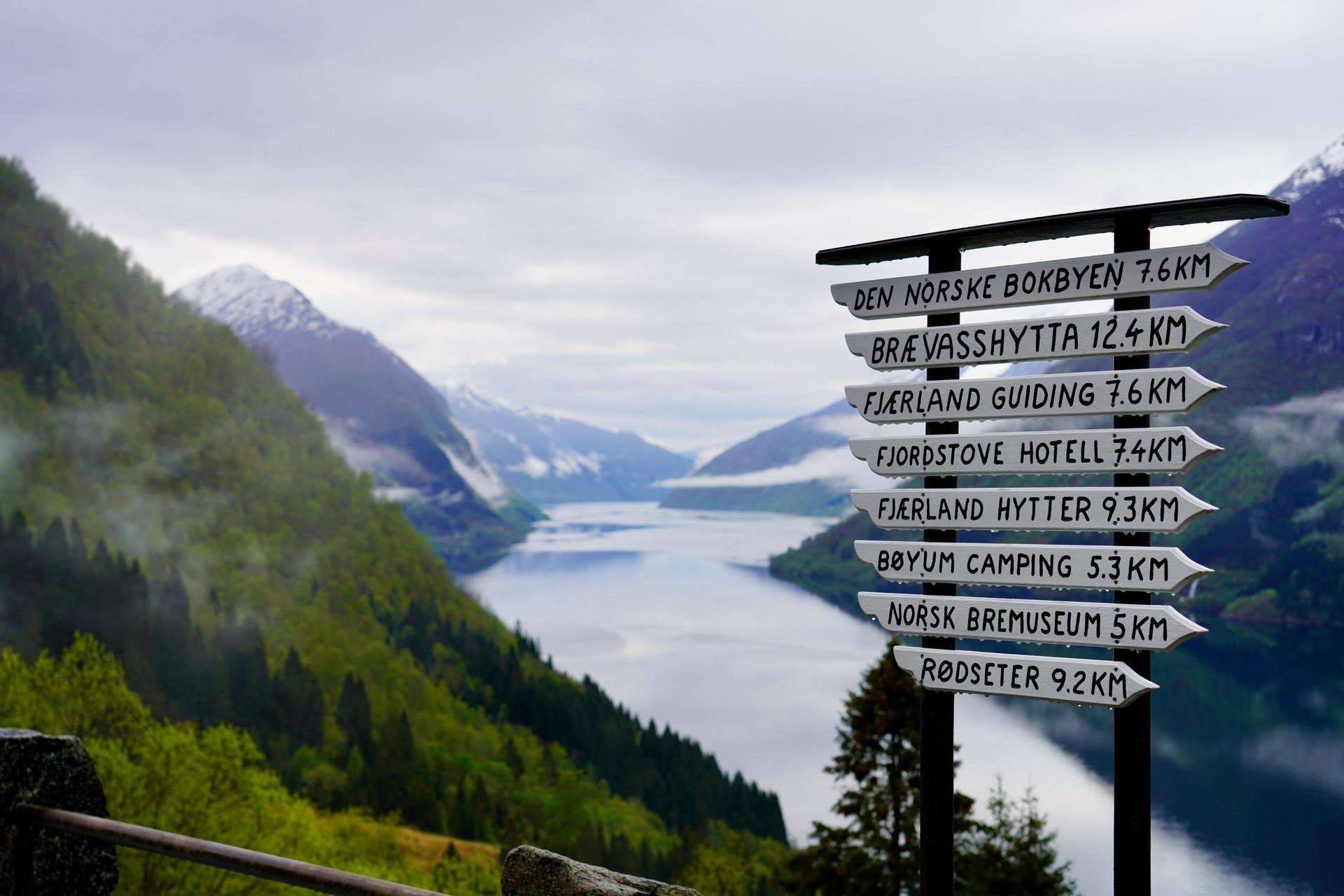 Norwegian fjord with directional signpost.